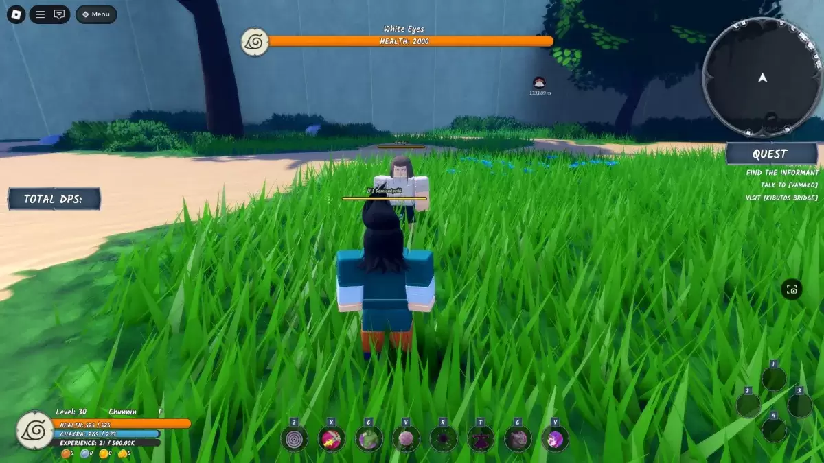 Isang manlalaro na nakatayo sa tabi ng White Eyes, ang huling boss ng Chunin Exam sa Ninja Time Roblox Karanasan