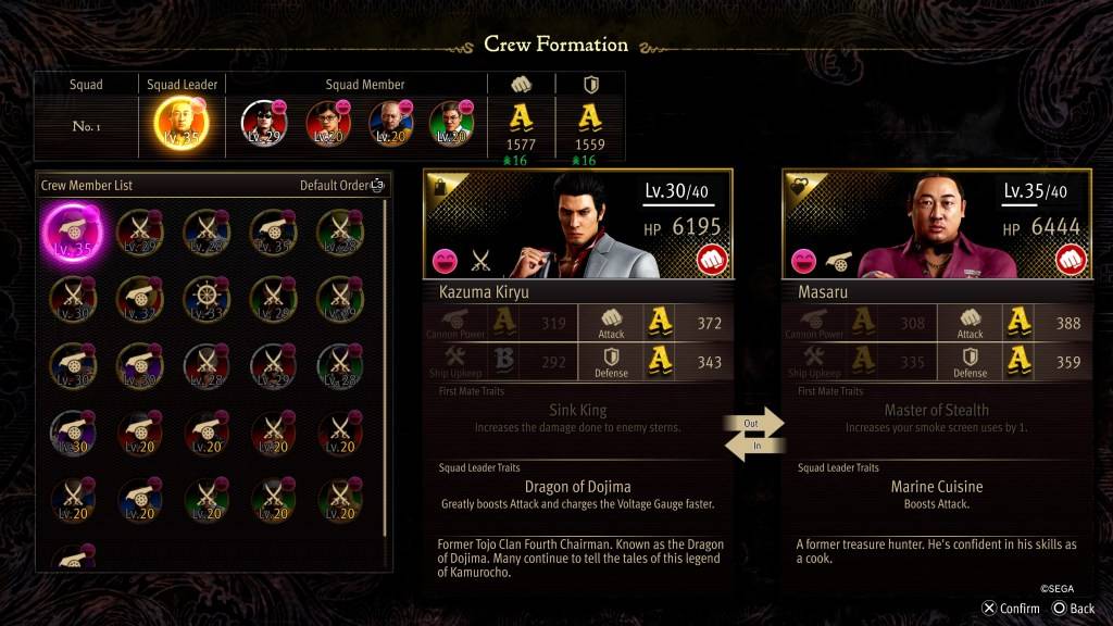 Lo schermo stat di formazione dell'equipaggio per Masaru in Like A Dragon: Pirate Yakuza alle Hawaii