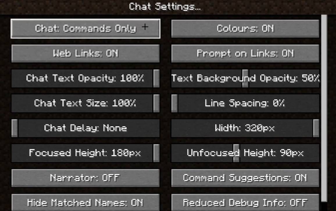 Minecraft chat configuration menu