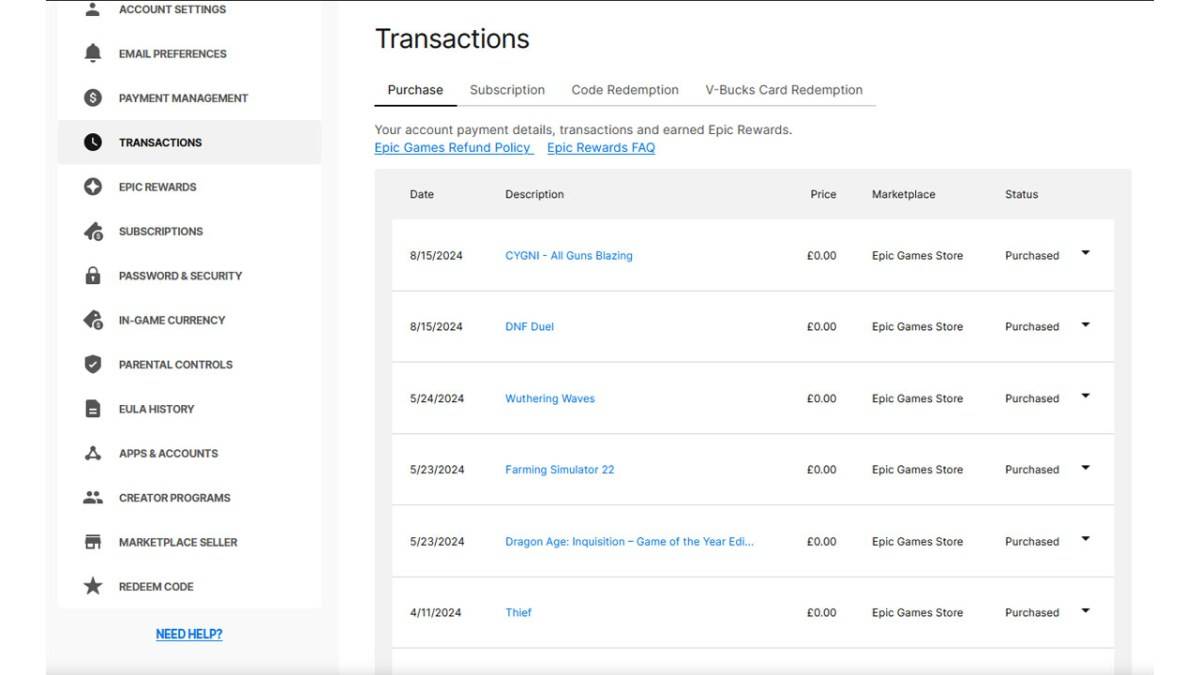 Epic Games transactions page showing Fortnite purchases