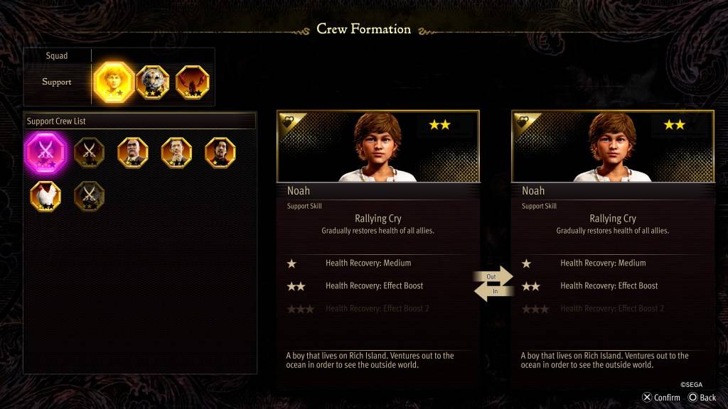 Lo schermo stat di formazione dell'equipaggio per Noah in Like A Dragon: Pirate Yakuza alle Hawaii