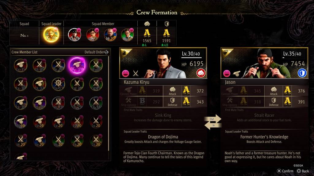 Lo schermo stat di formazione dell'equipaggio per Jason in Like A Dragon: Pirate Yakuza alle Hawaii