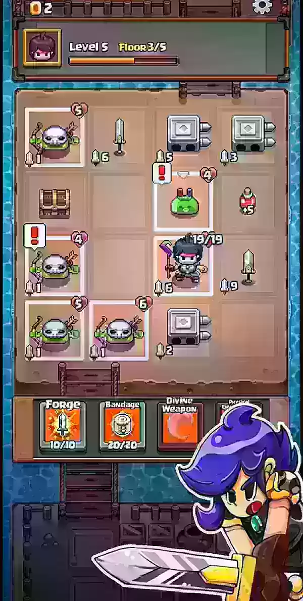 Gameplay screenshot of Grid Expedition featuring an anime-style warrior amidst grid-based combat