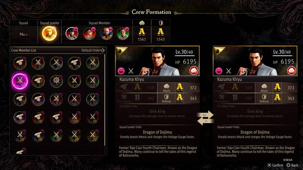 Lo schermo stat di formazione dell'equipaggio per Kazuma Kiryu in Like A Dragon: Pirate Yakuza alle Hawaii