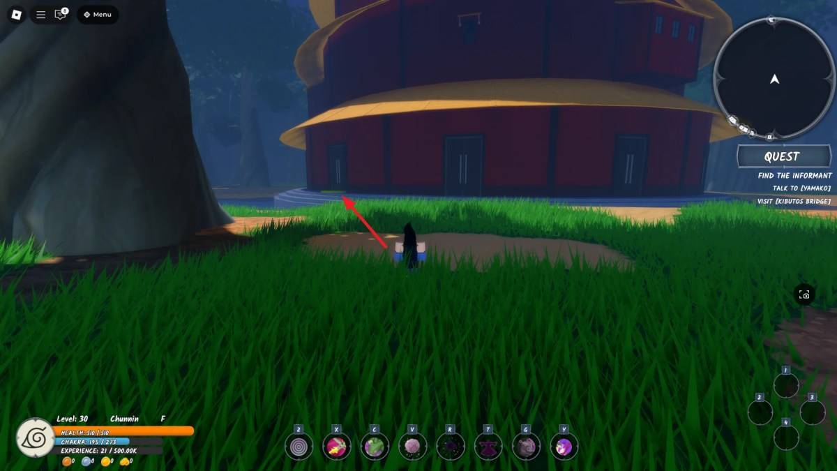 Lokasyon ng pasukan sa apatnapu't-apat na tower, isang pangunahing lokasyon sa pagsusulit sa Chunin, sa Ninja Time Roblox Karanasan