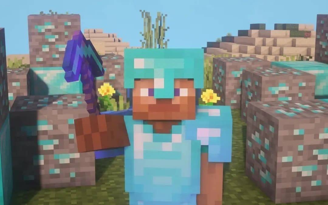 Minecraft character holding enchanted pickaxe