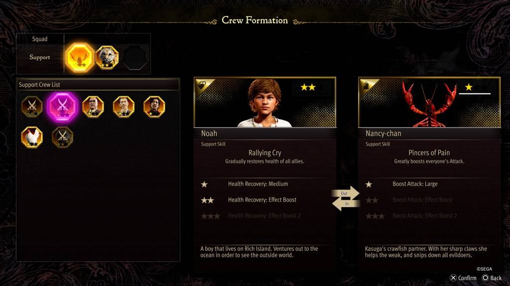 Lo schermo stat di formazione dell'equipaggio per Nancy-chan in Like A Dragon: Pirate Yakuza alle Hawaii