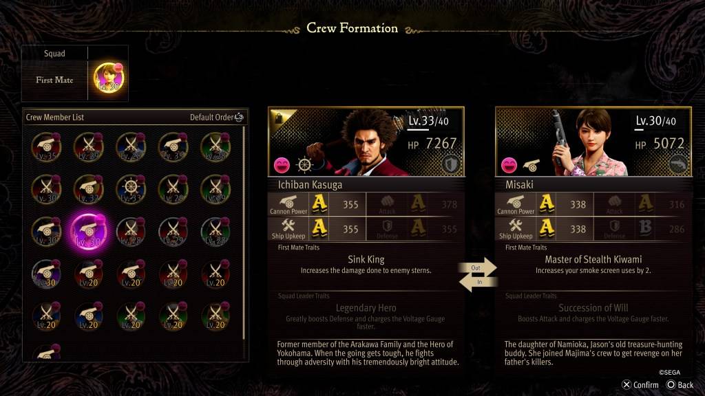 Lo schermo stat di formazione dell'equipaggio per Misaki in Like A Dragon: Pirate Yakuza alle Hawaii
