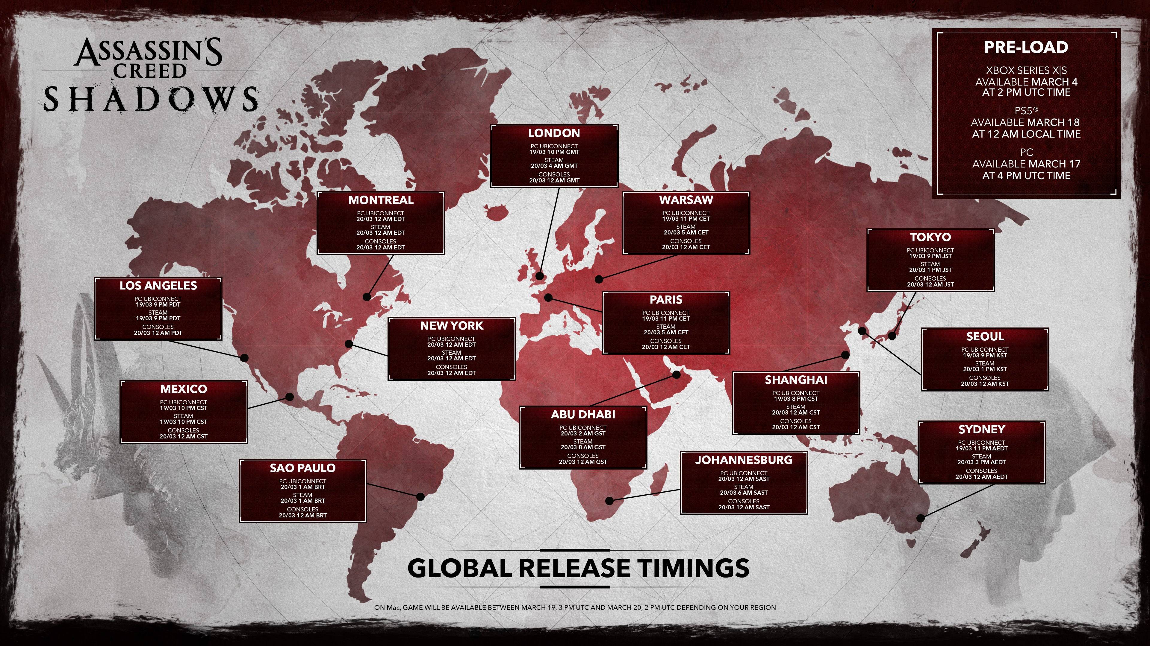 Assassin's Creed Shadows Global Release Times Disahkan