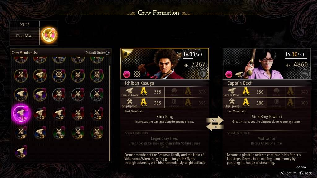 Lo schermo stat di formazione dell'equipaggio per Captain Beef In Like A Dragon: Pirate Yakuza alle Hawaii