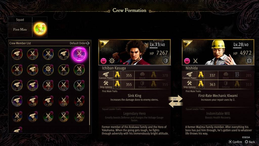 Lo schermo stat di formazione dell'equipaggio per Nishida in Like A Dragon: Pirate Yakuza alle Hawaii