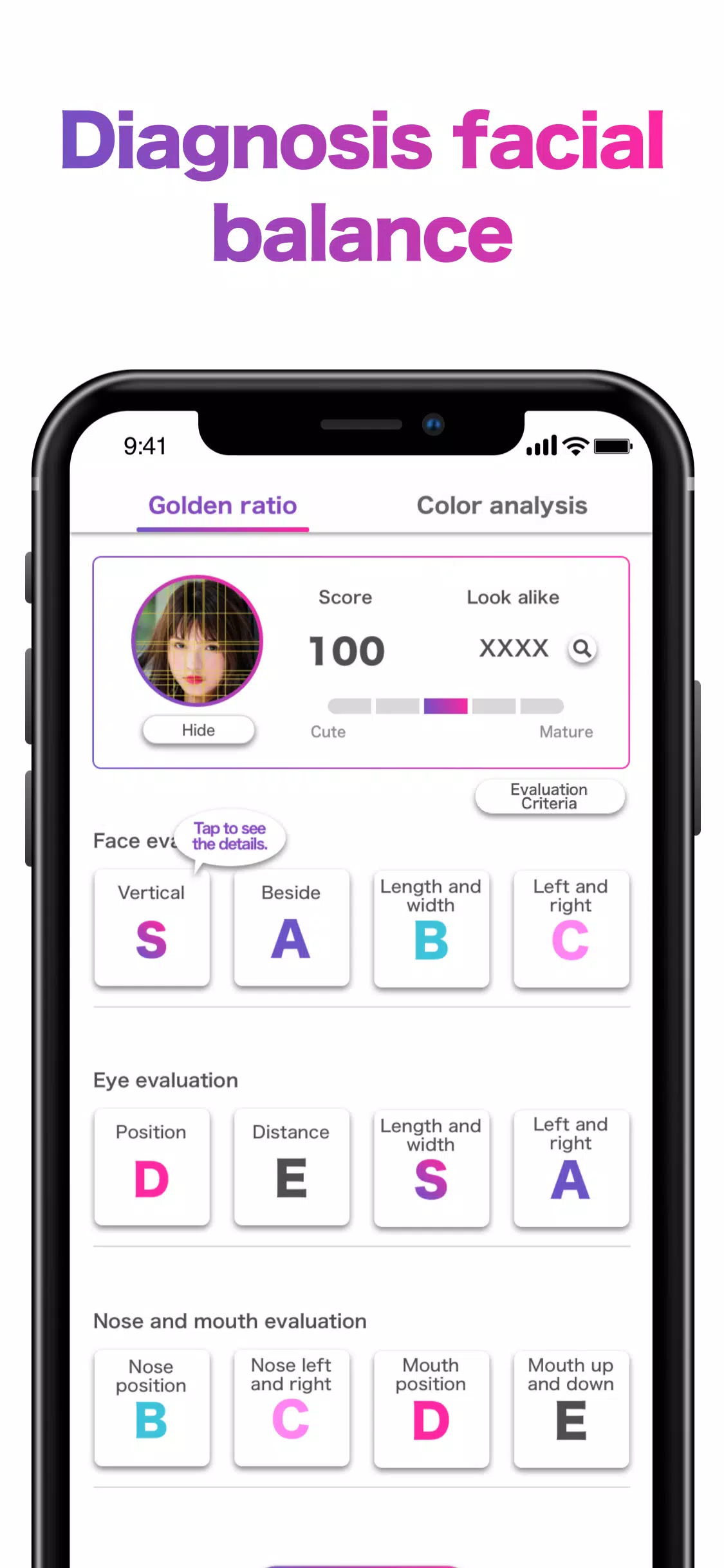 「FaceScore」顔のバランスを点数で採点 顔診断アプリ Скриншот 1