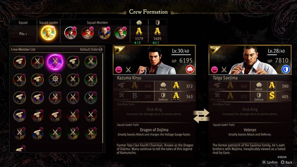 Lo schermo stat di formazione dell'equipaggio per Taiga Saejima in Like A Dragon: Pirate Yakuza alle Hawaii