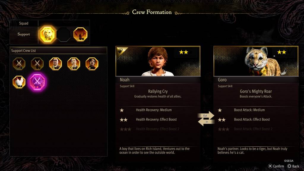 Lo schermo stat di formazione dell'equipaggio per Goro in Like A Dragon: Pirate Yakuza alle Hawaii