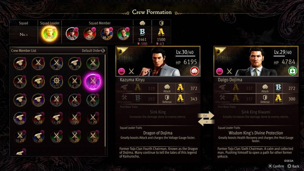 Lo schermo stat di formazione dell'equipaggio per Daigo Dojima In Like A Dragon: Pirate Yakuza alle Hawaii