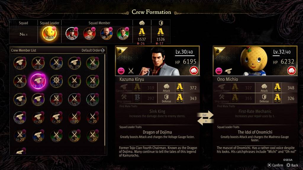 Lo schermo stat di formazione dell'equipaggio per Ono Michio in Like A Dragon: Pirate Yakuza alle Hawaii