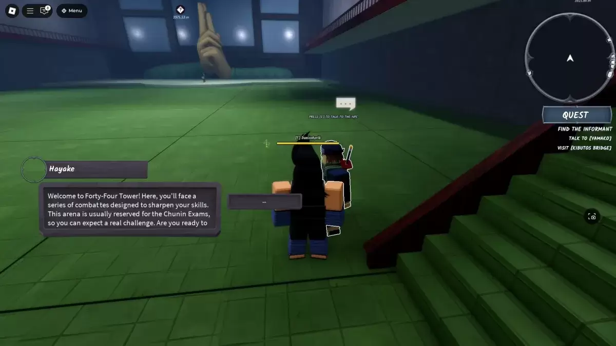 Isang manlalaro na nakatayo sa tabi ng Hayake Chunin Exam NPC sa Ninja Time Roblox Karanasan