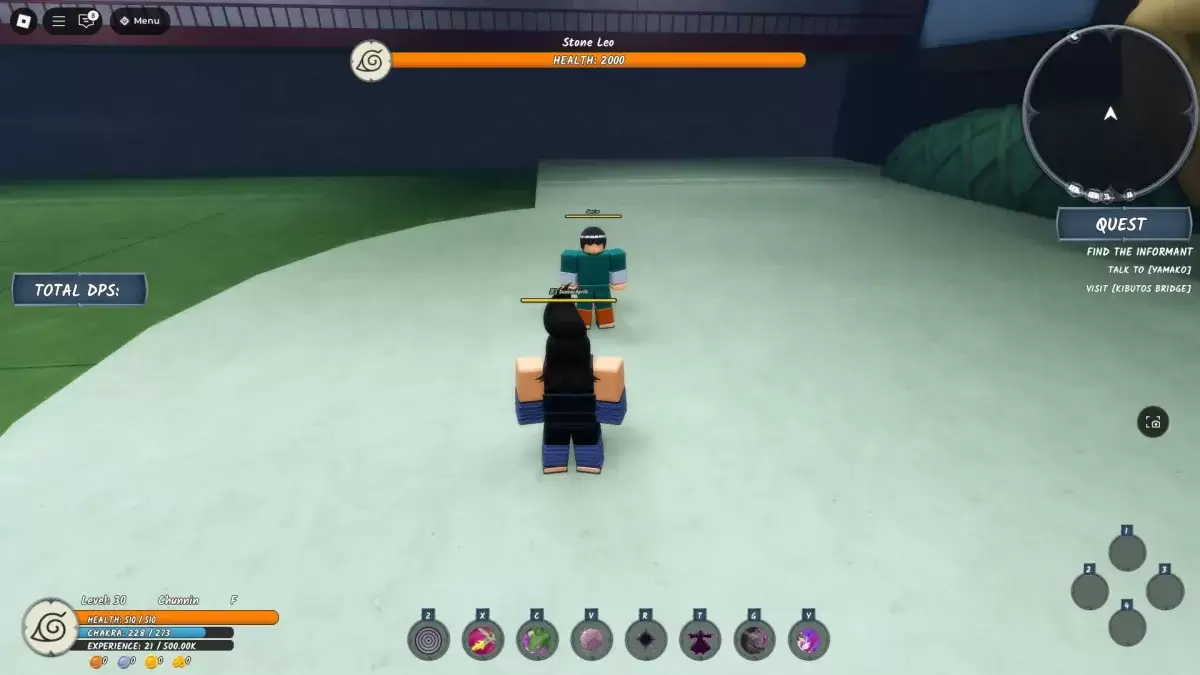 Isang manlalaro na nakatayo sa tabi ng bato na Leo Chunin Exam Boss sa Ninja Time Roblox Karanasan